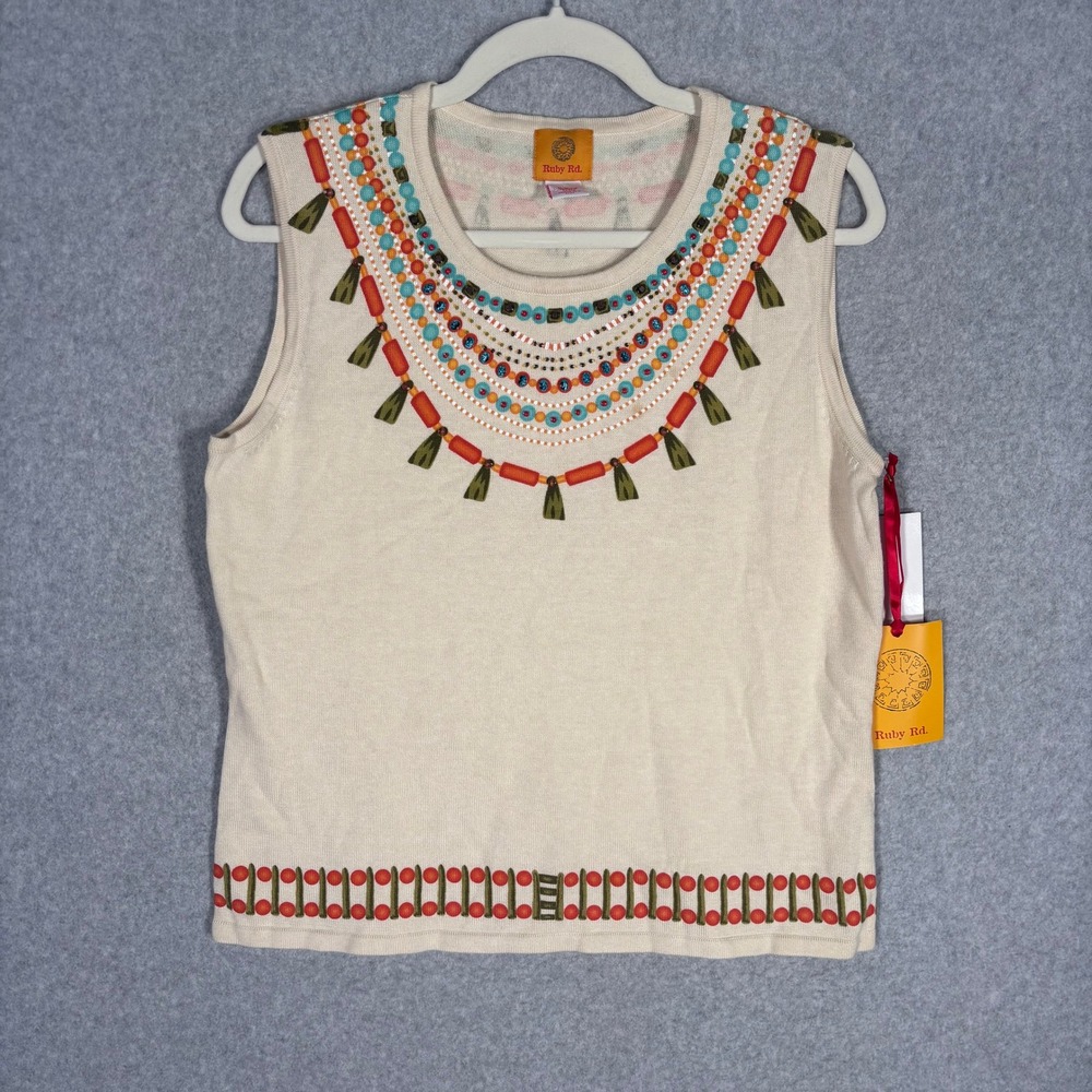 NWT Ruby Rd Sweater Medium Cream Beaded Necklace Boho Tribal Southwest Artsy